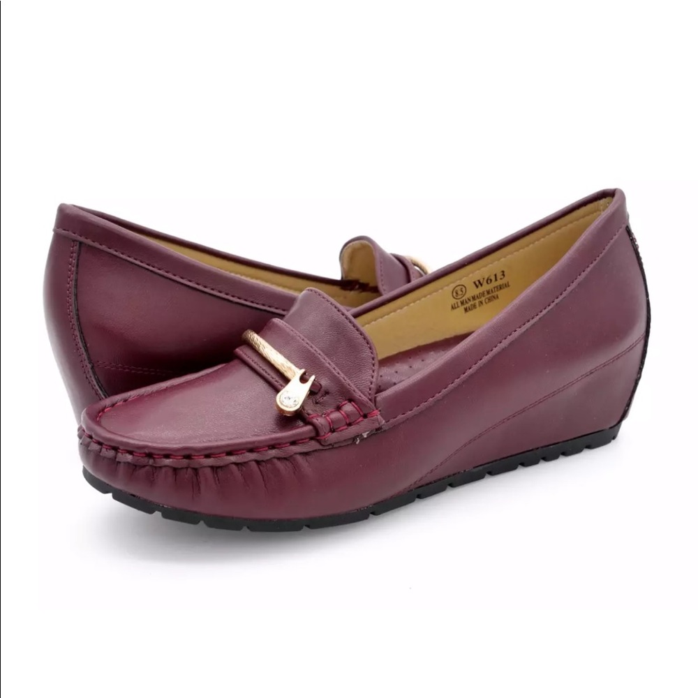 Spicy Womens Leather Moc Toe Low Wedge Loafer Heel